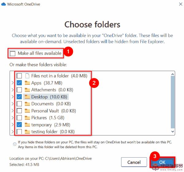 在OneDrive中选择要同步的特定文件夹